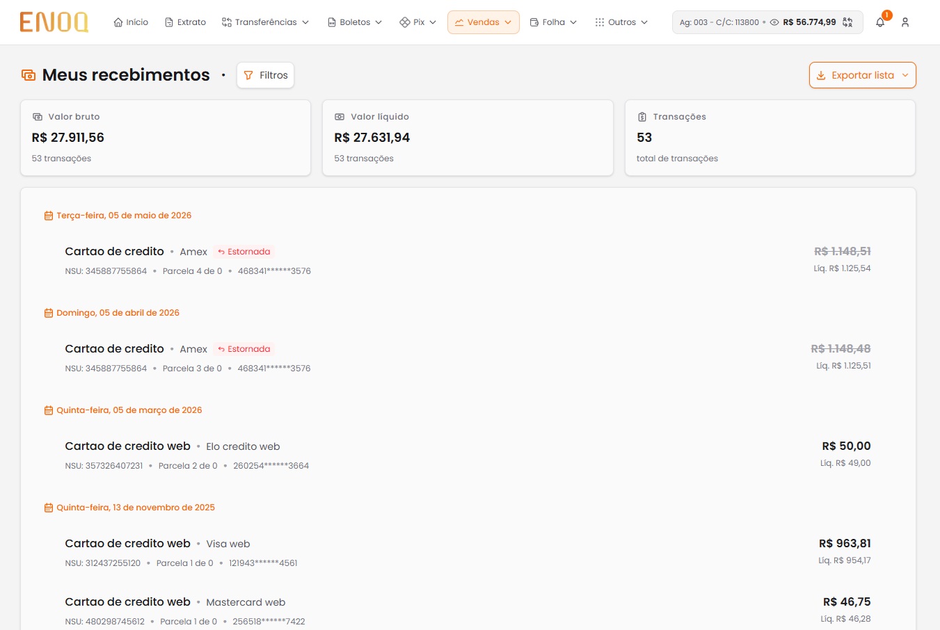 Recebimento de Vendas - Lista de Transações